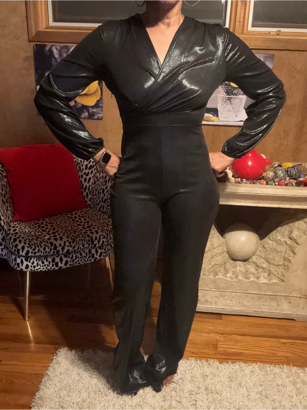 Source Unknown Black Shimmery Wrap-Front Long-Sleeve Jumpsuit